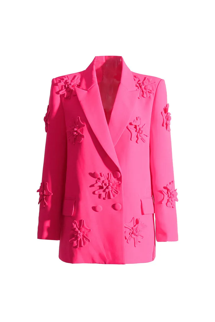 Smart Rosette Appliqué Lapel Collar Long Sleeve Double Breasted Blazer