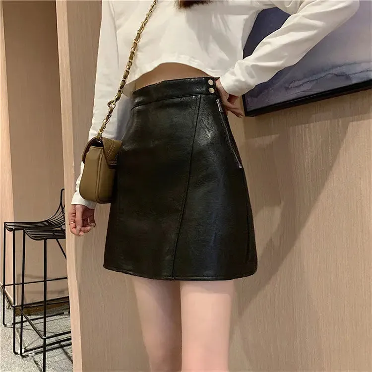 Spring Autumn Black High Waist Leather Skirt