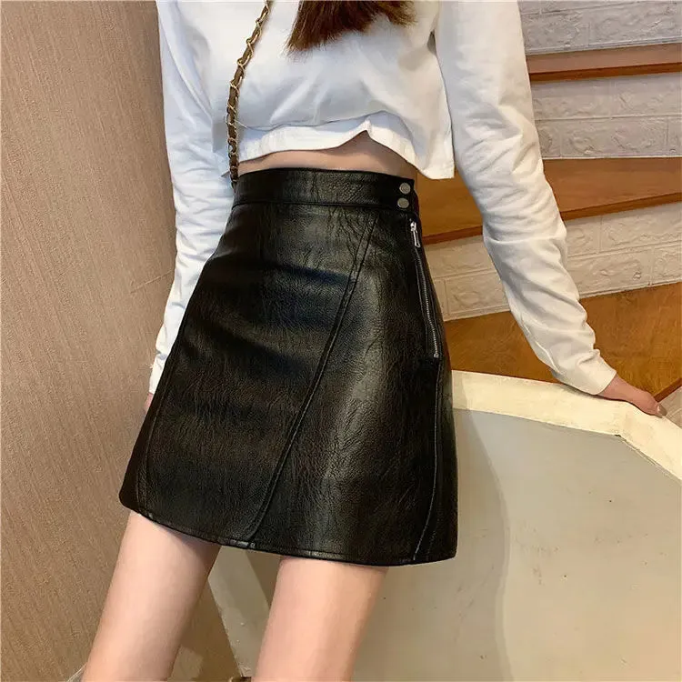 Spring Autumn Black High Waist Leather Skirt