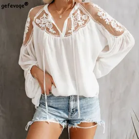 Summer Color Chiffon Sexy Plus Size Loose V-neck Lace Hollow Out Embroidery Korean Fashion Women's Clothing Blouse