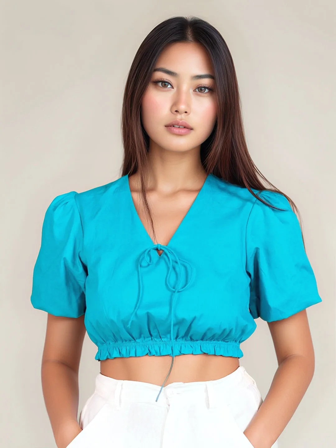 Teal Solid Short Sleeves Crop Top