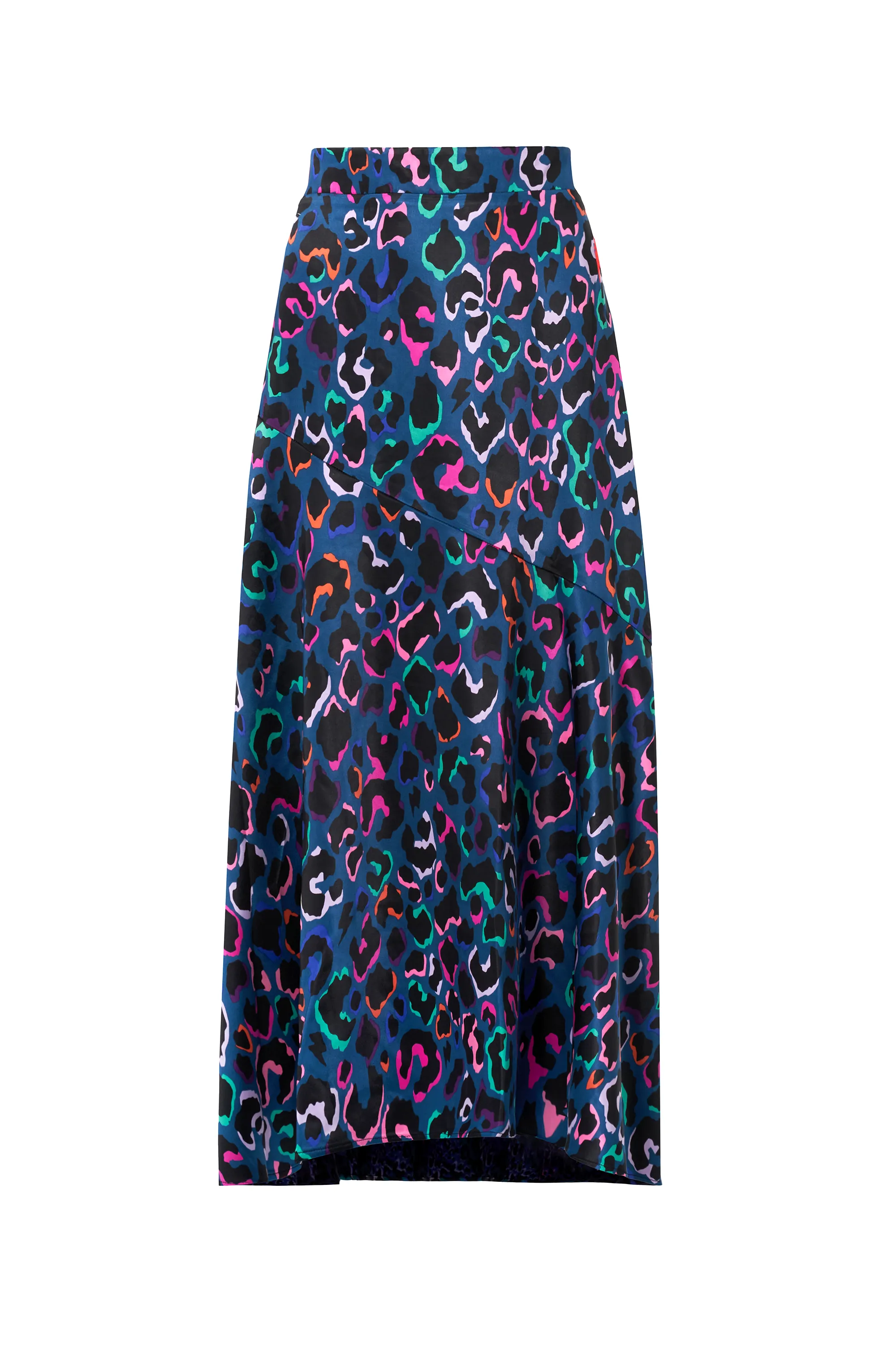 Teal with Rainbow Shadow Leopard Satin High Low Hem Skirt