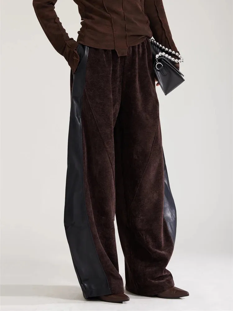 Vegan Leather Patchwork Relaxed Trousers - Coffee Brown & Black