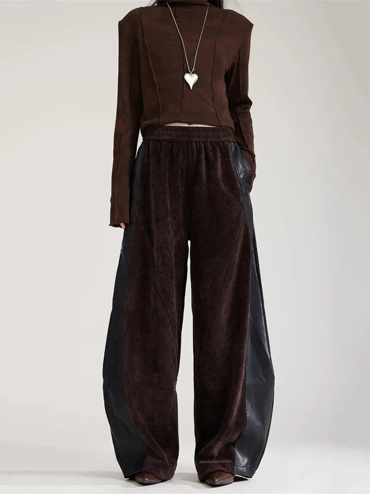 Vegan Leather Patchwork Relaxed Trousers - Coffee Brown & Black