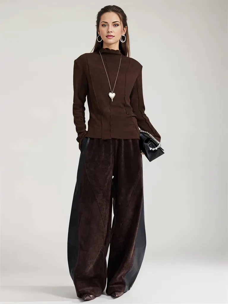 Vegan Leather Patchwork Relaxed Trousers - Coffee Brown & Black