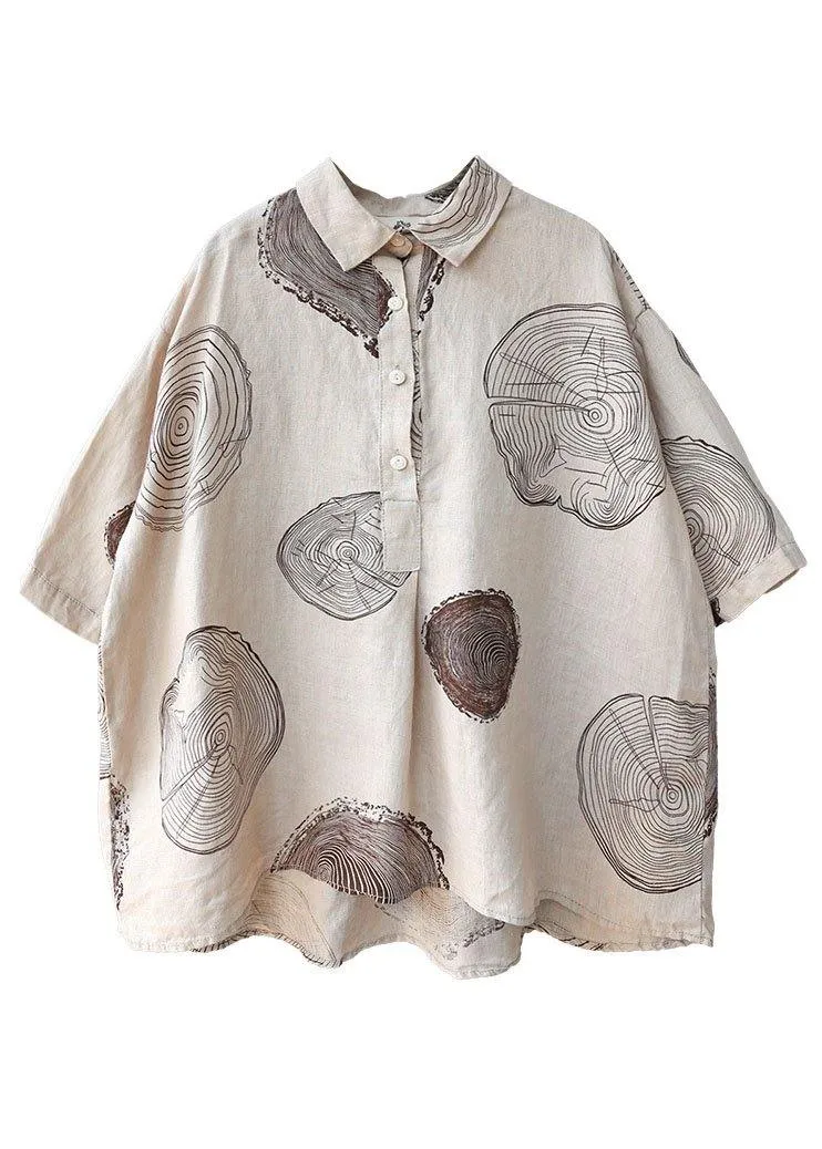 Vintage Beige Peter Pan Collar Print Summer Linen Blouses Half Sleeve