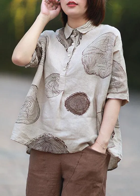 Vintage Beige Peter Pan Collar Print Summer Linen Blouses Half Sleeve