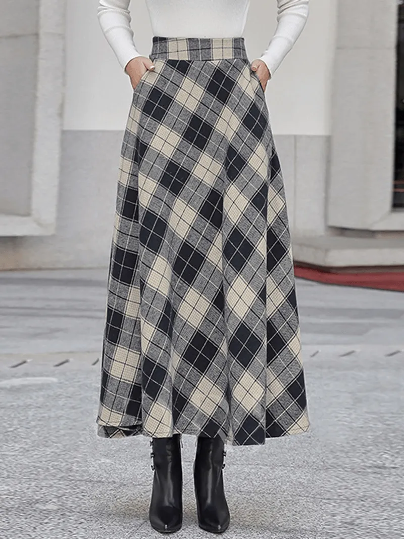 Women Plaid A-Line Vintage High Waist Skirts with Pocket