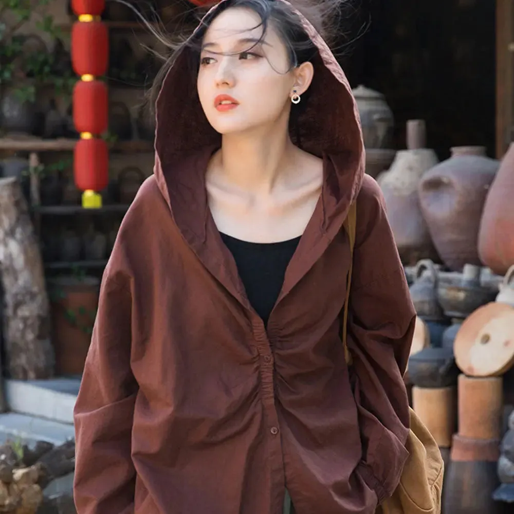 women Retro Linen Sand Washed Loose White Hooded Blouses