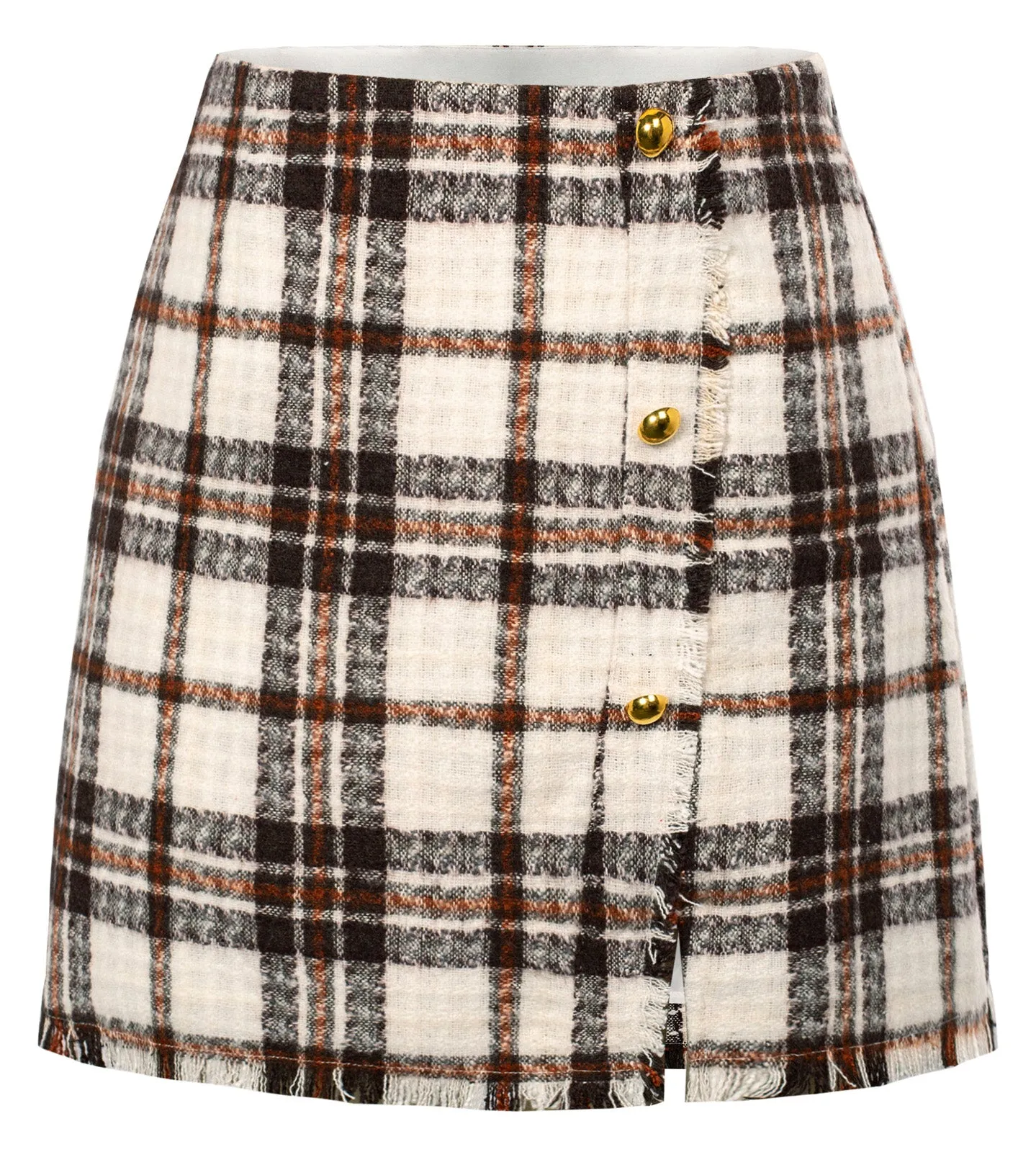 Women's Plaid Tweed Skirt High Waist Button Front Split Bodycon Pencil Mini Skirts