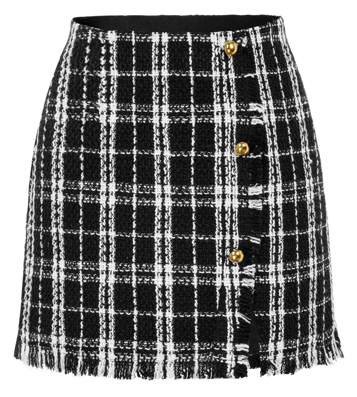 Women's Plaid Tweed Skirt High Waist Button Front Split Bodycon Pencil Mini Skirts